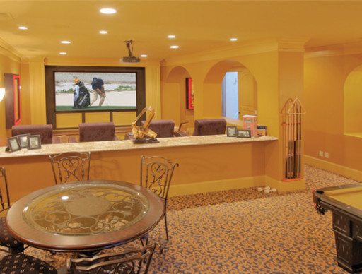 Home Theater and Billiard Room with In-Wall Subwoofers